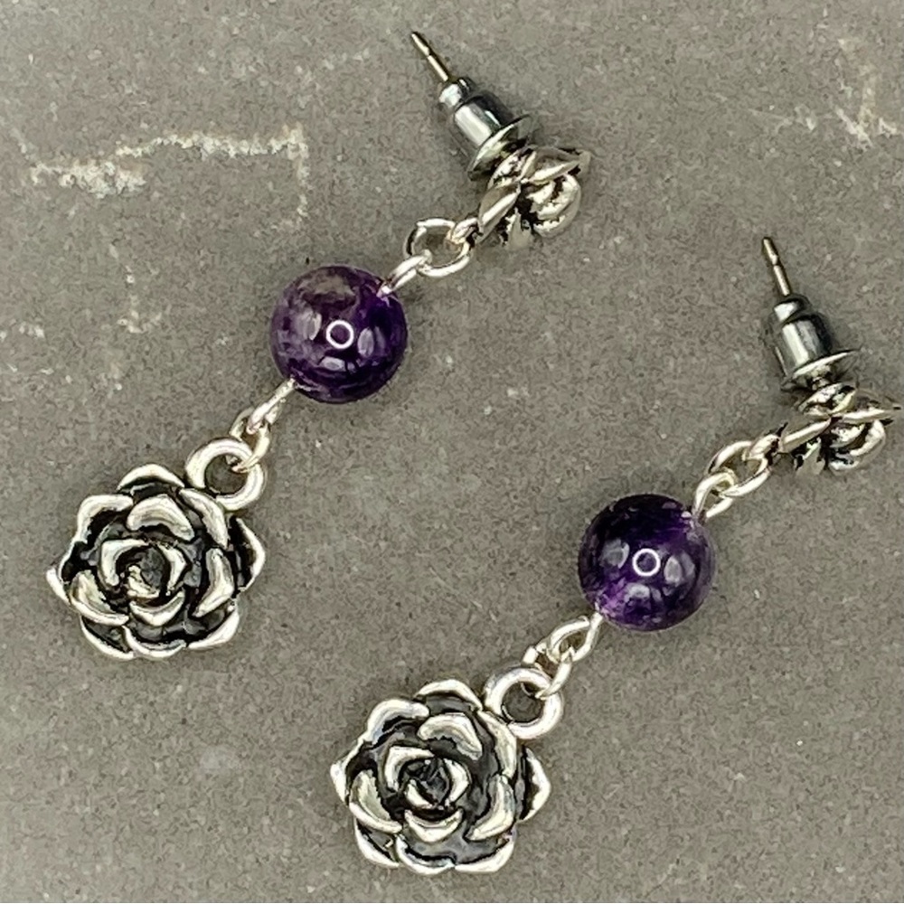 HAND CRAFTED Succulent Flowers Dangle EARRINGS Amethyst 1.5” Hypoallergenic NWT - Picture 7 of 7